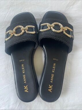 Anne Klein Black Slide Sandals with Gold Chain Accent